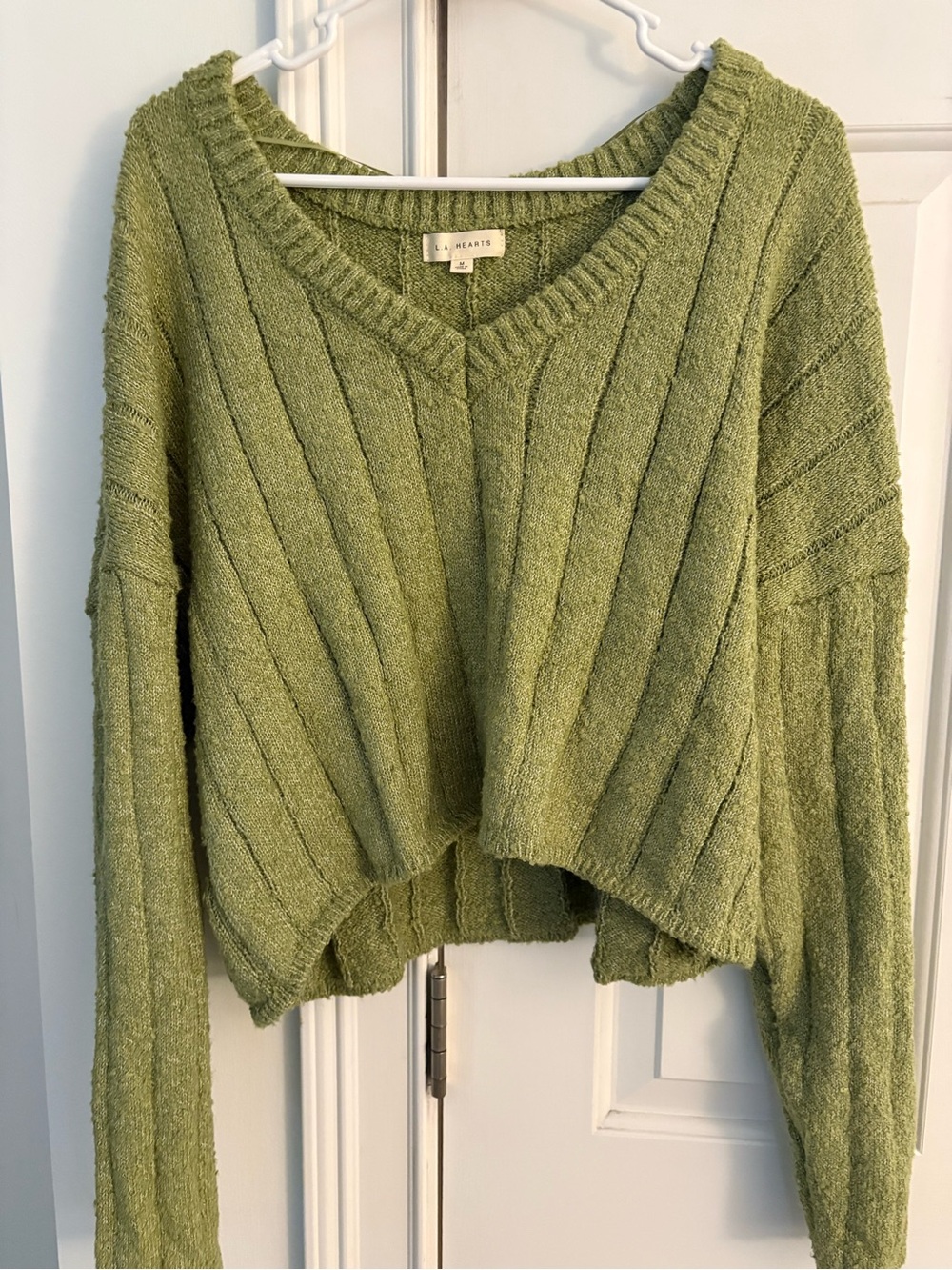 La Hearts Olive Green V-Neck Ribbed Cropped Sweater